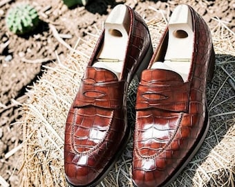 Men's Cognac Crocodile Embossed Leather Penny Loafers | Handmade Slip-Ons, Dress Shoes