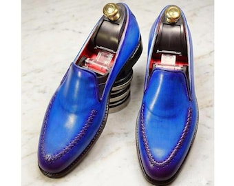 Blue Patina Loafers for Men - Hand-Burnished Cobalt Leather Shoes - Bespoke Loafers - Luxury Formal Slip-Ons - Handcrafted Dress Shoes