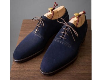 Zapatos Oxford de ante azul marino hechos a mano para hombre - Calzado elegante para padrinos de boda en color azul marino
