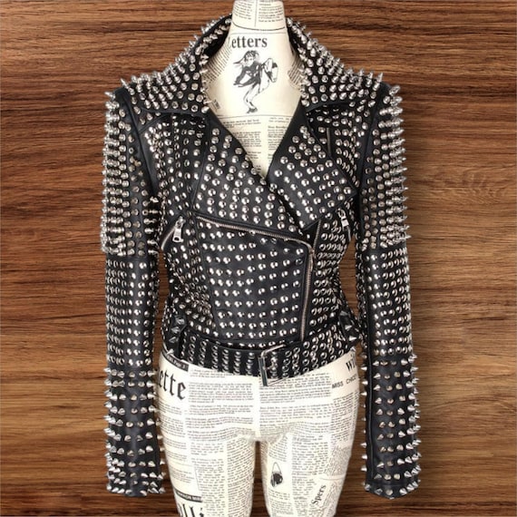 Studded Black Leather Jacket: Handmade Women's Biker Style