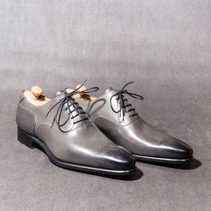 Men's Grey Leather Oxford Shoes, Small Square Toe Formal Footwear image 8