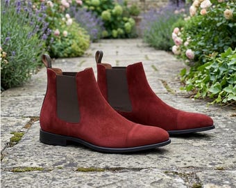 Burgundy Suede Chelsea Boots, Men's Red Luxury Boots, Slip-on Ankle Boots, Suede Cap Toe Dress Boots, Handmade Fashion Boots