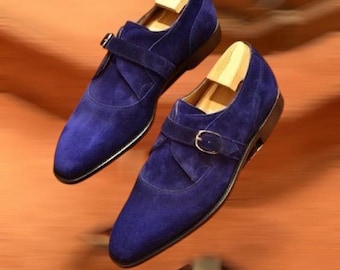 Zapatos de ante azul marino con hebilla simple, mocasines de vestir de cuero con acabado a mano.