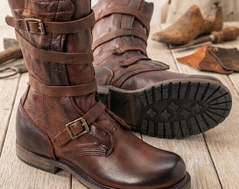 Brown Leather Combat Boots – Vintage Style Buckle Moto Footwear