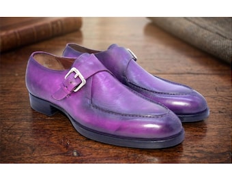 Hand-Burnished Purple Leather Single Monk Strap Shoes – Artisan Men's Dress Footwear