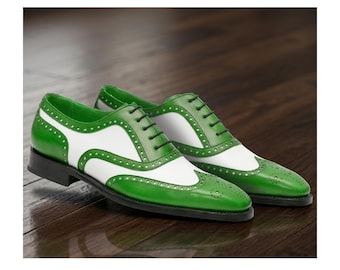 Men's Green White Leather Spectator Wingtip Brogues – Two-Tone Oxford Dress Shoes