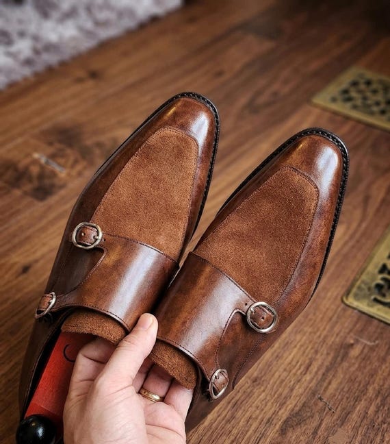 Men's Brown Leather Suede Double Monk Strap Shoes | Italian Style Wedding Loafers