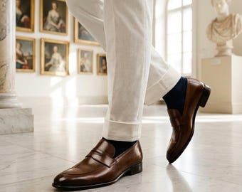 Handcrafted Brown Leather Penny Loafers – Italian Calfskin Dress Shoes