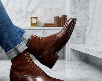 Handcrafted Two-Tone Balmoral Boots – Brown Leather Suede Wingtip Dress Style