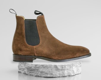 Botines Chelsea de ante marrón para hombre - Botines de piel auténtica hechos a mano - Botines clásicos sin cordones - Calzado casual de lujo