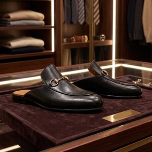 Puede incluir: Un par de mules de cuero negro con detalles met&aacute;licos dorados. Los zapatos se exhiben sobre una superficie de terciopelo marr&oacute;n oscuro, mostrando su dise&ntilde;o elegante y artesan&iacute;a. Las mules tienen una est&eacute;tica cl&aacute;sica y refinada.