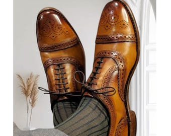 Zapatos Oxford Brogue de cuero marrón para hombre - Zapatos de vestir con medallón y puntera reforzada