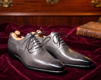 Men's Grey Leather Oxford Shoes, Small Square Toe Formal Footwear