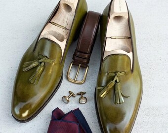 Handmade Olive Green Leather Tassel Loafers for Men – Luxury Olive Green Dress Shoes – Men's Wedding & Formal Loafers