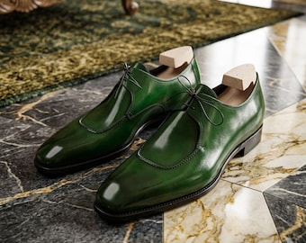 Hand-Painted Olive Green Leather Split-Toe Derby Shoes, Men's Formal Footwear