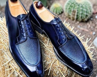 Midnight Blue Patina Leather Oxfords | Hand-Burnished Pebble Grain Apron Toe Dress Shoes