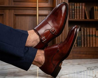 Handmade Men's Double Monk Strap Shoes – Genuine Cognac Leather, Italian Style Dress Formal