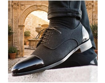 Men's Black Two-Tone Oxford Shoes - Matte Canvas & Patent Leather Cap Toe Dress Shoes - Formal Wedding Shoes