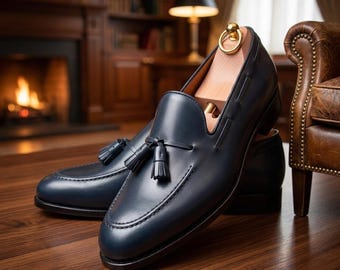 Mocasines de piel azul marino con borlas – Zapatos de vestir sin cordones de estilo italiano