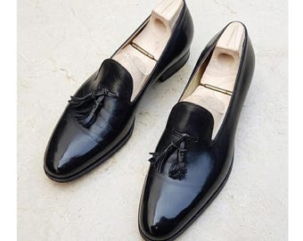 Men’s Black Polished Leather Tassel Loafers | Handmade Belgian Style Slip-On Dress Shoes | Classic Gentleman's Wedding & Formal Loafers