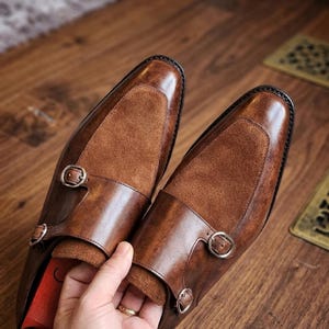 Men's Brown Leather Suede Double Monk Strap Shoes | Italian Style Wedding Loafers image 2