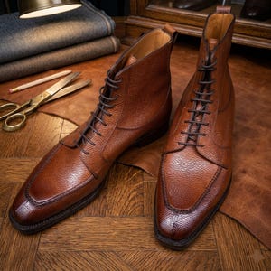May include: Two brown leather ankle boots with dark brown laces are displayed on a wooden surface. The boots have a textured leather appearance and a classic design. The background includes leather and tailoring tools.