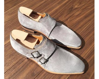 New Handmade Grey Suede Leather Double Monk Strap Shoes - Goodyear Welted Footwear