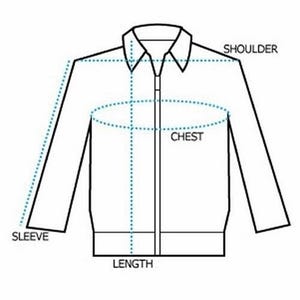 Pode incluir: Desenho linear de um casaco com linhas tracejadas indicando os pontos de medi&ccedil;&atilde;o para o ombro, peito, manga e comprimento. O casaco tem gola e fecho de correr.