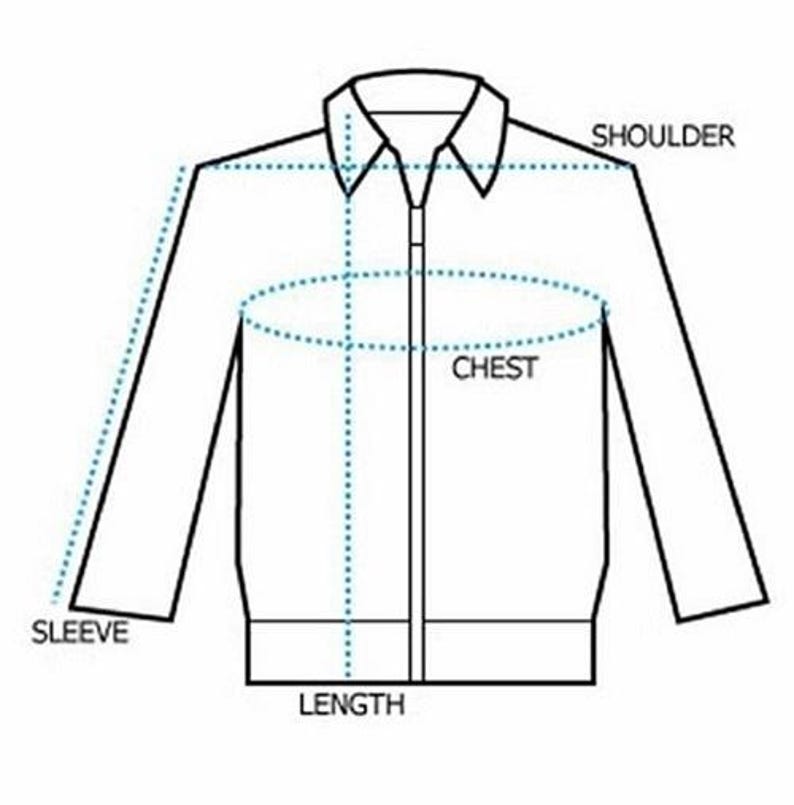 Pode incluir: Desenho linear de um casaco com linhas tracejadas indicando os pontos de medi&ccedil;&atilde;o para o ombro, peito, manga e comprimento. O casaco tem gola e fecho de correr.