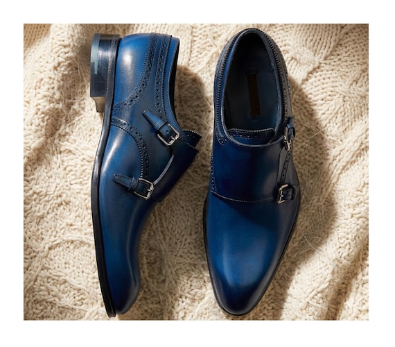 Men's Royal Blue Double Monk Strap Leather Dress Shoes – Hand-Burnished Patina Footwear