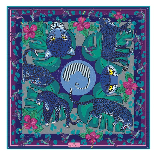 Silk scarf La Panthère Fé(mi)line - Bleu 90*90 cm