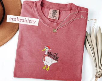Embroidered Santa Goose Tshirt, Silly Goose Embroidered Shirt, Vintage Christmas Goose Shirt, Jolly Goose Christmas Embroidery