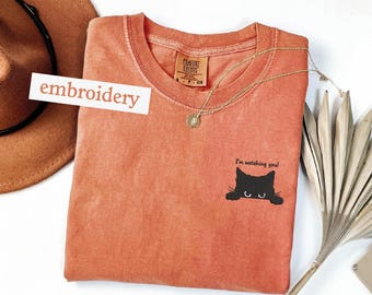 Embroidered Cat Peeking Comfort Colors Shirt: Funny Halloween Tee