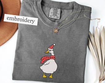 Embroidered Santa Goose Tshirt, Silly Goose Embroidered Shirt, Vintage Christmas Goose Shirt, Funny Christmas Tee,Festive Goose on the Loose