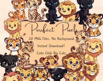 May include: A set of 20 digital illustrations of cute chibi big cats. The illustrations are in PNG format and have no background. The cats are in various poses and expressions, including a tiger, lion, leopard, and panther. The text "Purfect Pixels" is at the top of the image.