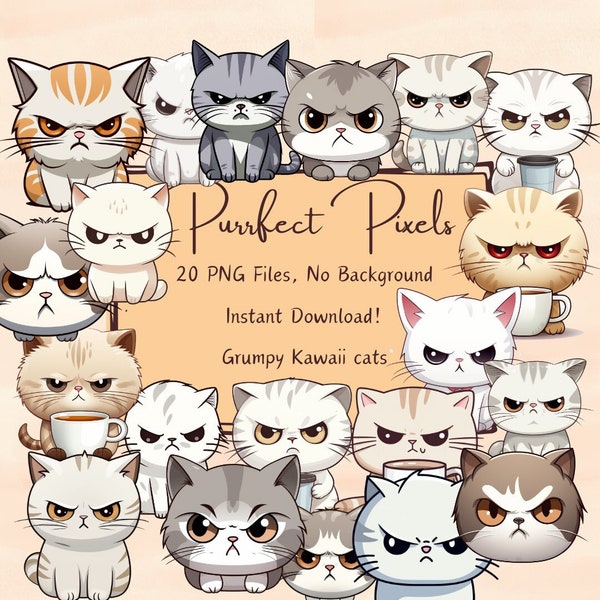 Kawaii Grumpy Cat Clipart Set - 20 PNG Images, No Background, Ginger cats Adorable, Funny Ideal for Commercial Use