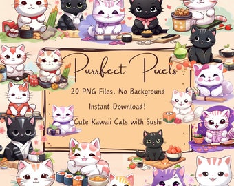 Kawaii Cat Sushi Clipart: 20 PNG Images, Transparent Background (Commercial Use)