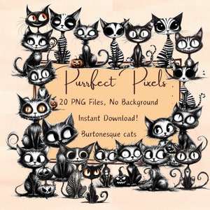Conjunto de imágenes prediseñadas de gatos burtoneses: 20 imágenes PNG, inspiradas en Tim Burton, con ambiente de Halloween, fondo transparente, perfectas para uso comercial