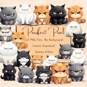 May include: A digital illustration set of 20 grumpy cartoon cats in various poses. The cats are all different colors, including gray, white, black, orange, and brown. The text "Purrfect Pixel" is written in a decorative font above the cats. The text "20 PNG Files, No Background" is written below the cats. The text "Instant Download!" is written below the previous text. The text "Grumpy Kitties" is written below the previous text.