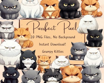 May include: A digital illustration set of 20 grumpy cartoon cats in various poses. The cats are all different colors, including gray, white, black, orange, and brown. The text "Purrfect Pixel" is written in a decorative font above the cats. The text "20 PNG Files, No Background" is written below the cats. The text "Instant Download!" is written below the previous text. The text "Grumpy Kitties" is written below the previous text.