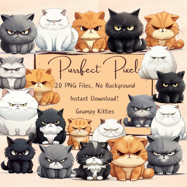 Grumpy Cat Clipart Set - 20 PNG Images, Humorous Feline Expressions, Transparent Background, Ideal for Commercial Use