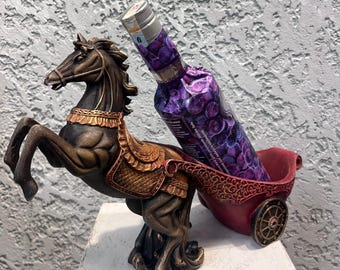 Horse Wine Holder Sculpture with Red Chariot | Elegant Equestrian Decor, Resin Wine Rack, Luxury Gift for Wine Lovers, Baroque Animal Decor