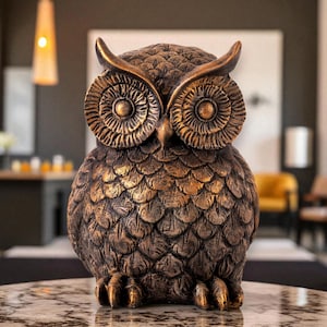 Large Bronze Owl Sculpture, Wise Owl Statue, Vintage Bird Figurine, Animal Totem Decor, Modern Rustic Owl Art for Bookshelf or Desk Display