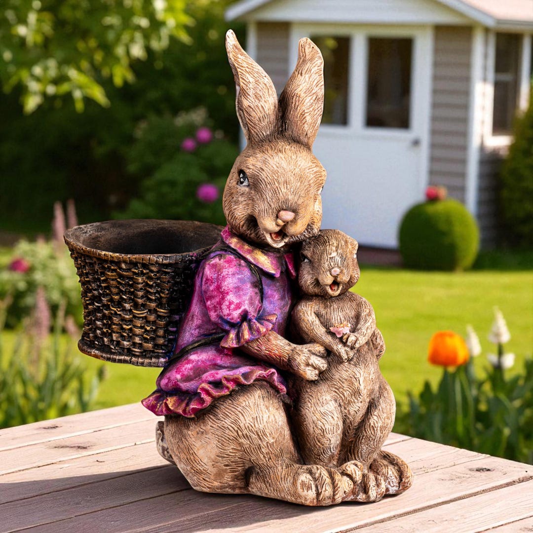 Mother’s Embrace Bunny Sculpture, Hand-painted Rabbit Statue of Mom and ...