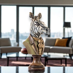 Große Zebra-Büste Skulptur - handbemalte viktorianische Zebra-Statue für Büro, Bücherregal oder Eingangsbereich - schrulliges Tierdekor, Akzent im Safari-Stil
