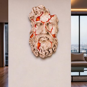 Large Cracked Zeus Wall Sculpture –Greek God Bust with Fiery Lava Cracks – Mythological Stone Face Art Decor for Niche or Wall Display