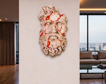 Cracked Zeus Wall Mask | Hand-Painted Greek God Sculpture with Lava Fissures, Mythology Wall Art, Olympian Decor, Greek Mythology Bust
