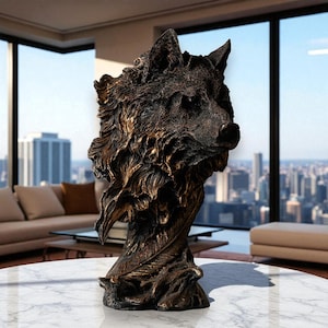 Wolfskopf Skulptur - Mythische Tierbüste Statue für Wohnkultur, handbemalte Wildwolf-Figur, spirituelles Totem Geschenk, Wächter Wolf Statue