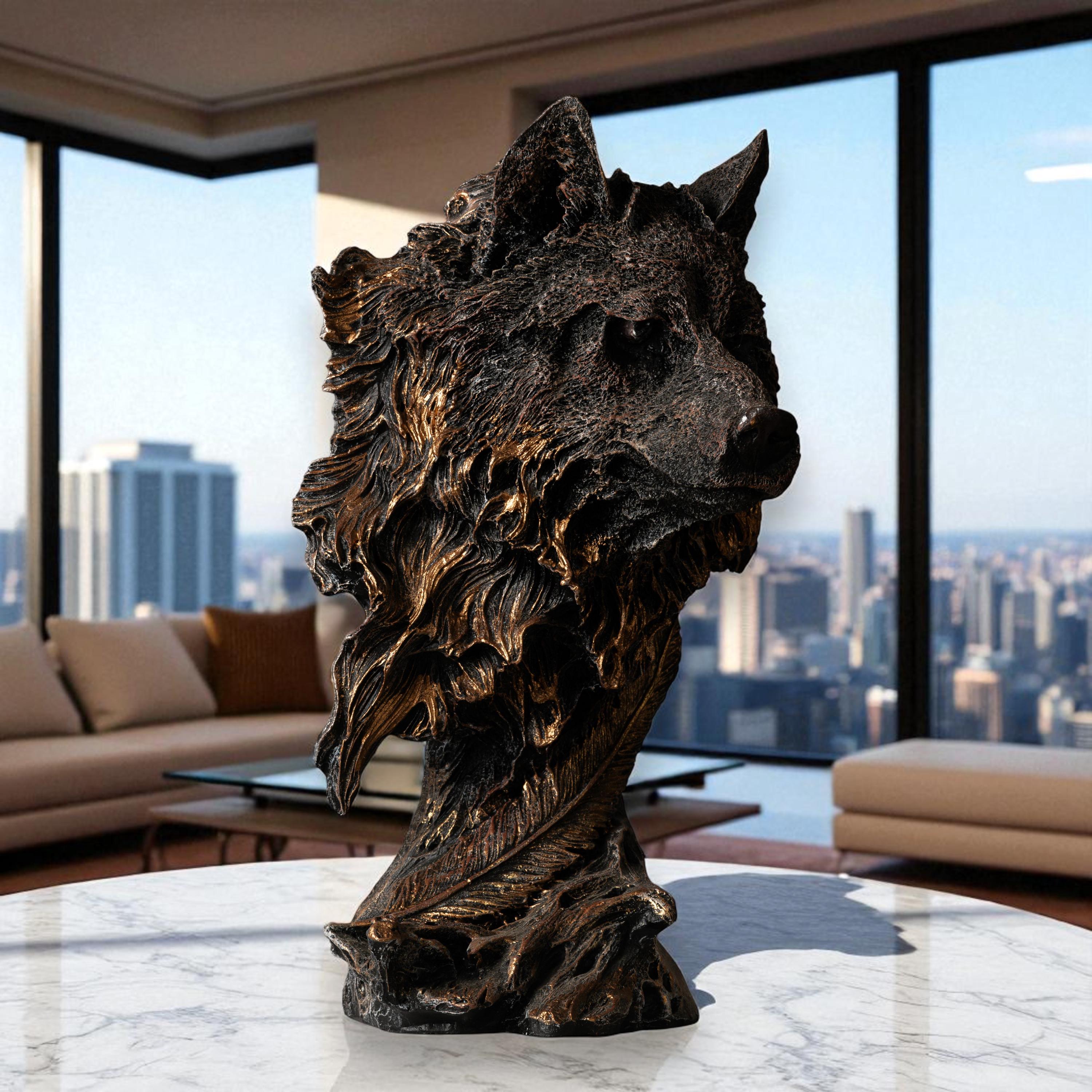 Hand-painted Wolf Bust With Gold Accents, Wolf Spirit Bronze