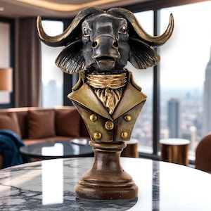 Large Buffalo Bust Statue – Hand-Painted Safari Animal Sculpture in Victorian Outfit – Farmhouse Office Decor, African Wall Shelf Accent